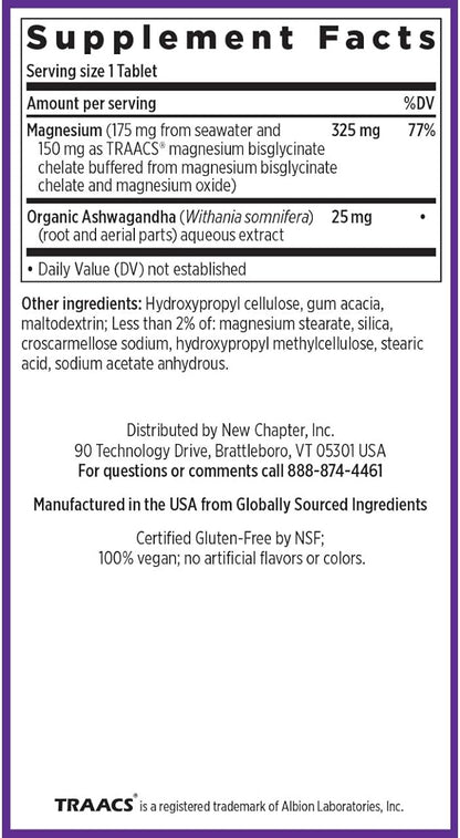 New Chapter Magnesium + Ashwagandha Supplement, 325 mg with Magnesium Glycinate, Calm & Relaxation, Muscle Recovery, Heart & Bone Health, 2.5x Absorption, Gluten Free, Non-GMO - 30 ct (1 Month Supply)
