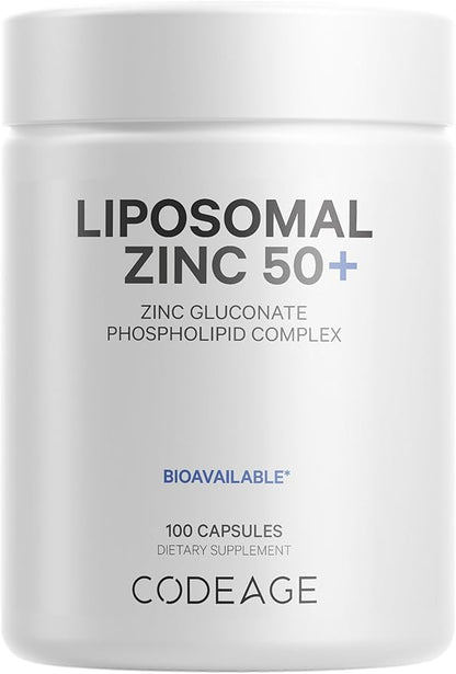 Codeage Liposomal Zinc Supplement – 3 Month Supply – One Per Day - 50 mg Zinc Gluconate Vitamin Pills - Essential Mineral Supplements Zinc Plus Liposomal Delivery Matrix - Vegan Non-GMO - 100 Capsules