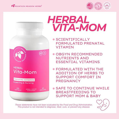 Mountain Meadow Herbs Vita-MOM Prenatal Vitamins – Herbal Supplement for Women with Folic Acid, Iron, Multivitamins & Organic Herbs – 120 Softgels (2-Month Supply)