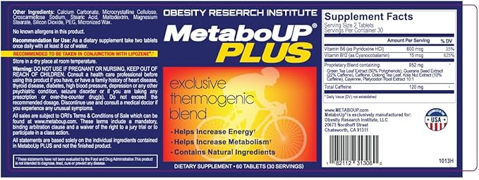 Lipozene MetaboUP Plus - 2 60 Ct Bottles - Thermogenic Weight Loss - Energy Booster Pills