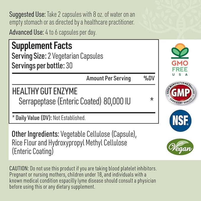 Serrapeptase Pure Digestive Enzymes (Enteric Coated) – Premium Healthy Gut Protection & Liver Support – Non-GMO, Vegan Liver Supplement for Gut Health. Digestive Enzymes & Tissue Support (60 Caps)