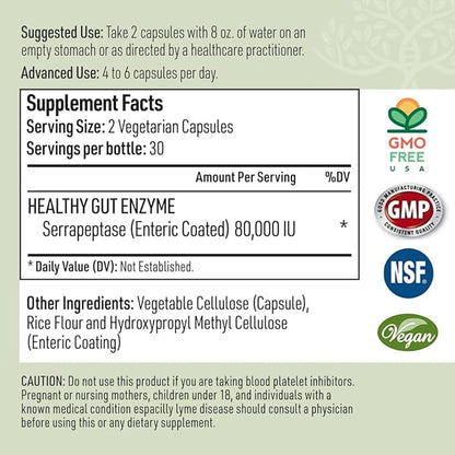 Serrapeptase Pure Digestive Enzymes (Enteric Coated) – Premium Healthy Gut Protection & Liver Support – Non-GMO, Vegan Liver Supplement for Gut Health. Digestive Enzymes & Tissue Support (60 Caps)