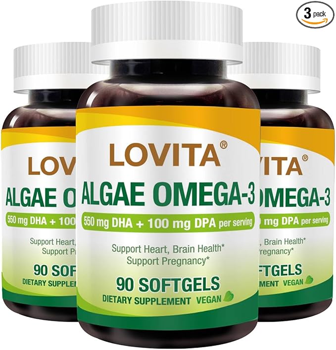 Lovita Algae Omega-3, Vegan and Plant-Based DHA & DPA, Fish Oil Alternative, 1000mg Algae Oil, Support Heart and Brain Health, Carrageen-Free, 90 Softgels (Pack of 3)