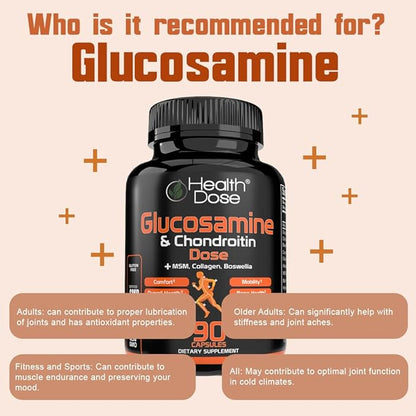 Glucosamine Plus Premium Joint Support - with MSM, Collagen & Boswellia - 90 Capsules - Antioxidant Properties for Cartilage Support, Joint Health & Mobility Pack of 2.