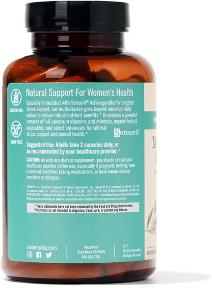 NatureWise Multivitamin for Women + Stress Support with Organic Whole Foods & Natural Minerals - B-Complex + Vitamin C + D3 K2 for Immunity, Hair, Skin & Nails - Non-GMO - 60 Capsules[30-Day Supply]