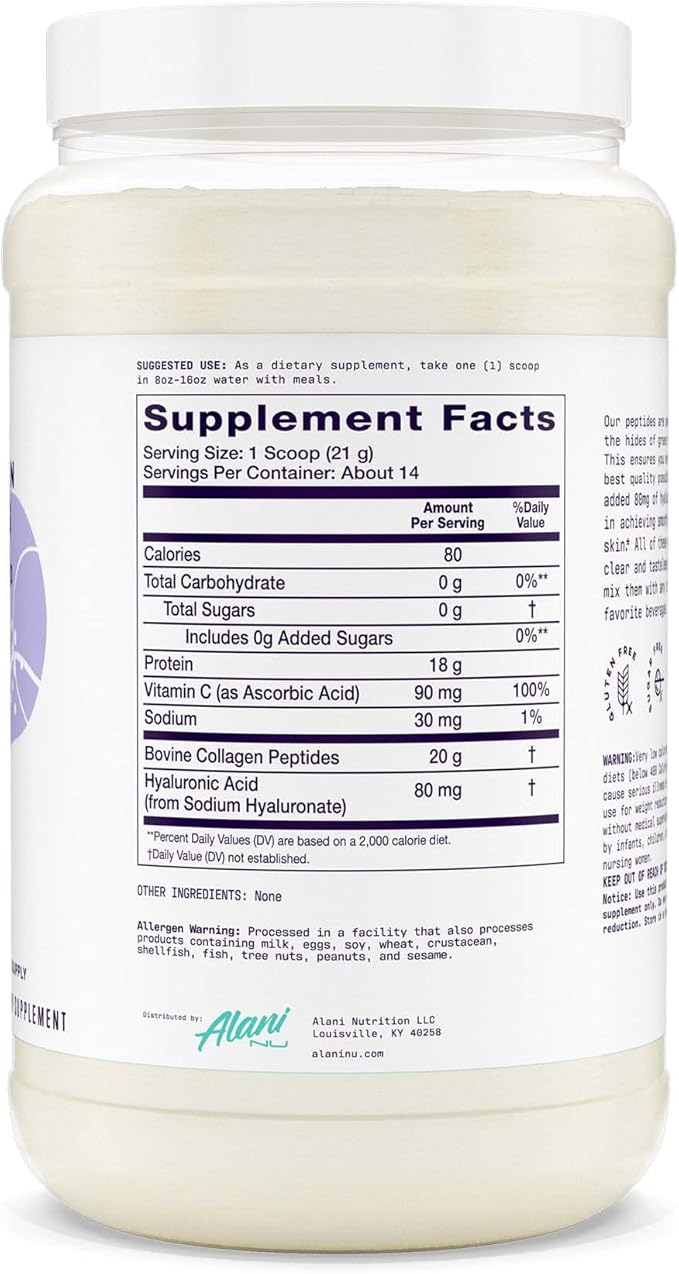 Alani Nu Collagen Peptides Powder UNFLAVORED | 18g Protein | Supports Bone, Skin and Nail Health | Collagen for Women | 80mg of Hyaluronic Acid | Gluten Free | Sugar Free | 14 Servings