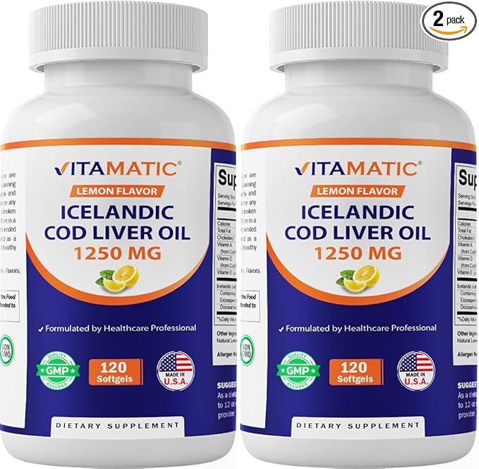 Vitamatic 2 Pack Icelandic Cod Liver Oil Capsules 1250mg 120 Softgels (Lemon Flavor) - Promotes Cardiovascular Health