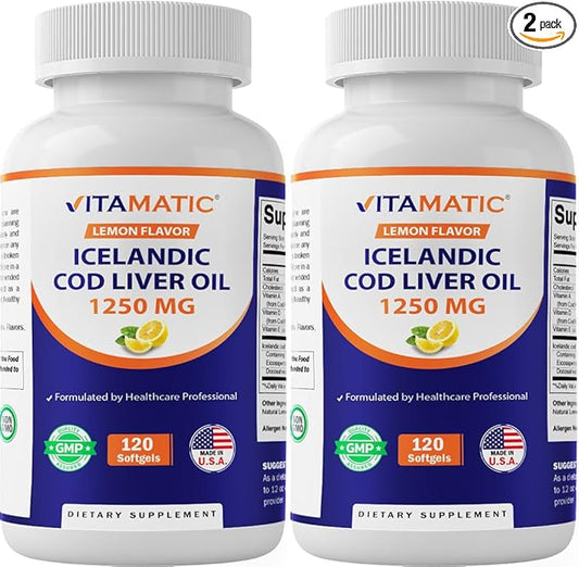 Vitamatic 2 Pack Icelandic Cod Liver Oil Capsules 1250mg 120 Softgels (Lemon Flavor) - Promotes Cardiovascular Health