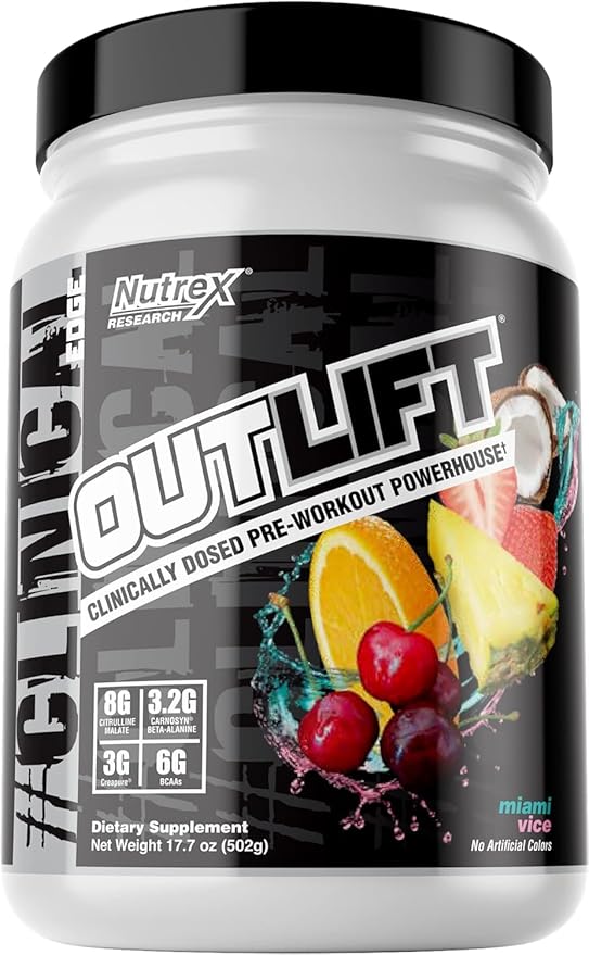 Nutrex Research Outlift Clinically Dosed Pre Workout Powder | Energy, Pumps, Citrulline, BCAA, Creatine, Beta-Alanine Preworkout Supplement for Men and Women | Miami VIce 20 Serving