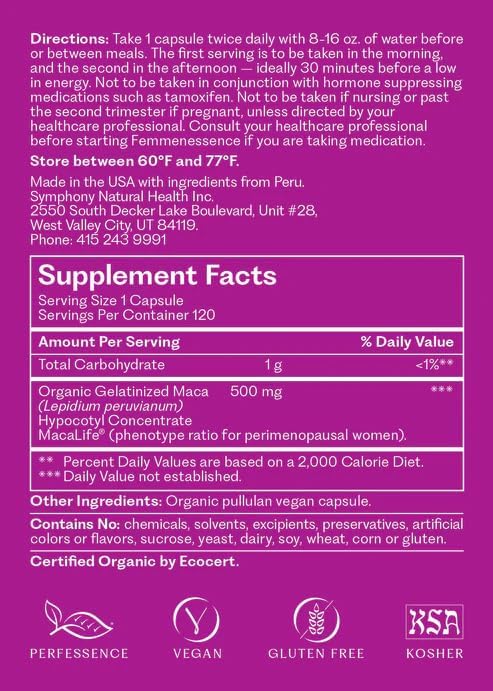 Femmenessence MacaLife – Clinically Proven for Perimenopause, Women’s Natural Hormone Balance Supplements, Relief of Hot Flashes, Night Sweats, Mood Swings, Dryness, 360 Maca Capsules, 180-Day Supply