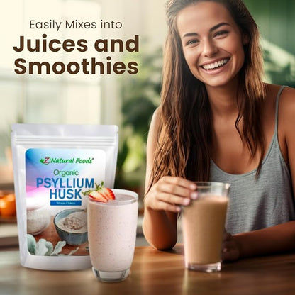 Z Natural Foods Organic Whole Psyllium Husk Flakes, a Natural Fiber Supplement, Mix It Into Smoothies, Juice, Non-GMO, Vegan, Gluten-Free, Kosher, 1 lb.