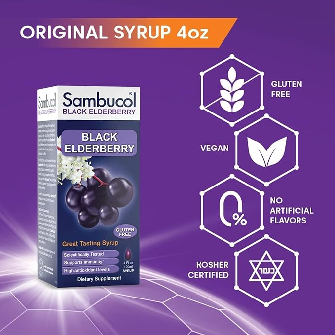 Sambucol Black Elderberry Syrup - Sambucus Elderberry Syrup for Adults Immune Support, Liquid Extract, Gluten Free - 4 Fl Oz (Pack of 6)