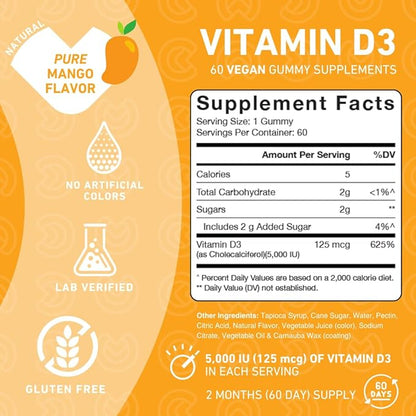 Vitamin D3 5000 iu Gummies – Your Daily Vitamin D Supplement for Bone Health, Immune Health, and Joint Muscle Support for Adults & Kids – Gluten Free, Non-GMO – 60 Veggie Gummies