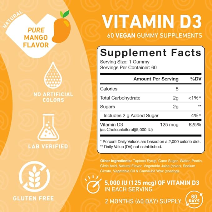 Vitamin D3 5000 iu Gummies – Your Daily Vitamin D Supplement for Bone Health, Immune Health, and Joint Muscle Support for Adults & Kids – Gluten Free, Non-GMO – 60 Veggie Gummies