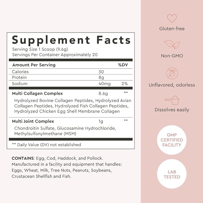 Alaya Multi Collagen Powder - Supports Hair, Skin, Nails & Bone Health for Women and Men - 5 Types Hydrolyzed Collagen Peptides Protein Powder Supplement with MSM + Glucosamine (20 Serving)