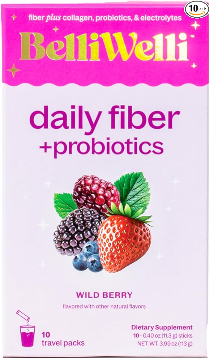 Daily Fiber Supplement Packets with Collagen, Probiotics & Electrolytes | Single Serve Packets for Gut Health, Digestion & Debloating | Wild Berry | 10 Count