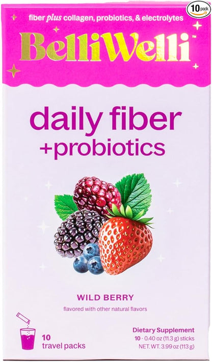 Daily Fiber Supplement Packets with Collagen, Probiotics & Electrolytes | Single Serve Packets for Gut Health, Digestion & Debloating | Wild Berry | 10 Count