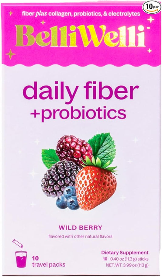 Daily Fiber Supplement Packets with Collagen, Probiotics & Electrolytes | Single Serve Packets for Gut Health, Digestion & Debloating | Wild Berry | 10 Count