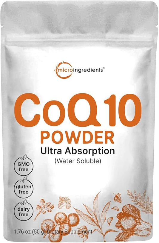 Micro Ingredients Water Soluble COQ10 Supplement (COQ10 200mg Per Serving in Powder Form), 50 Grams (8 Months Supply), Extra Absorption, Supports Heart and Energy Health, Vegan Friendly