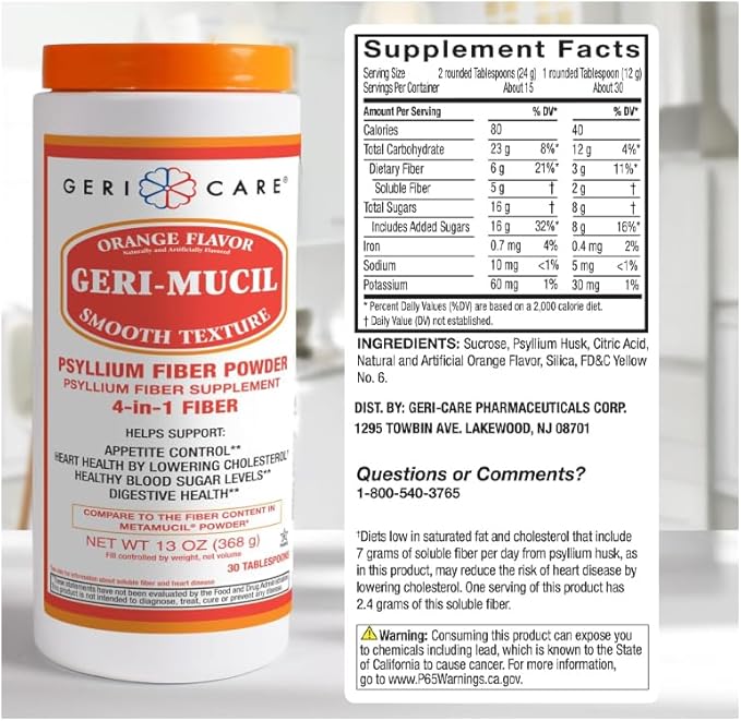 Geri-Mucil Psyllium Powder By GeriCare|4-In-1 Orange-Flavor Psyllium Husk Powder| Daily Fiber Supplement| Sweetened Gluten-Free Fiber Drink Mix| Water-Soluble Husk Fiber Powder For Bowel Movement|13oz