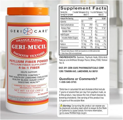 Geri-Mucil Psyllium Powder By GeriCare|4-In-1 Orange-Flavor Psyllium Husk Powder| Daily Fiber Supplement| Sweetened Gluten-Free Fiber Drink Mix| Water-Soluble Husk Fiber Powder For Bowel Movement|13oz