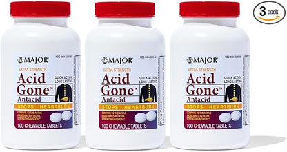 Major Acid Gone Extra Strength Antacid Chewable Tablets - Anti-Acid Relief - Acid Reflux Medicine for Adults - Upset Stomach, Acid Indigestion, and Heartburn Relief - Long-Lasting - 100 Count (3 Pack)