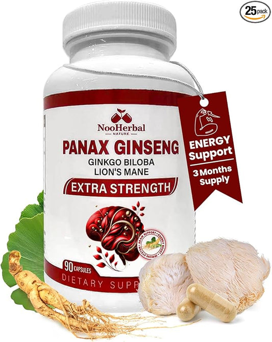 Panax Ginseng + Ginkgo Biloba + Lion's Mane 750 MG per Serving - 90 Vegan Capsules, Extra Strength Ginsenosides for Energy, Mental Focus, Immune Support, Non-GMO & Gluten Free