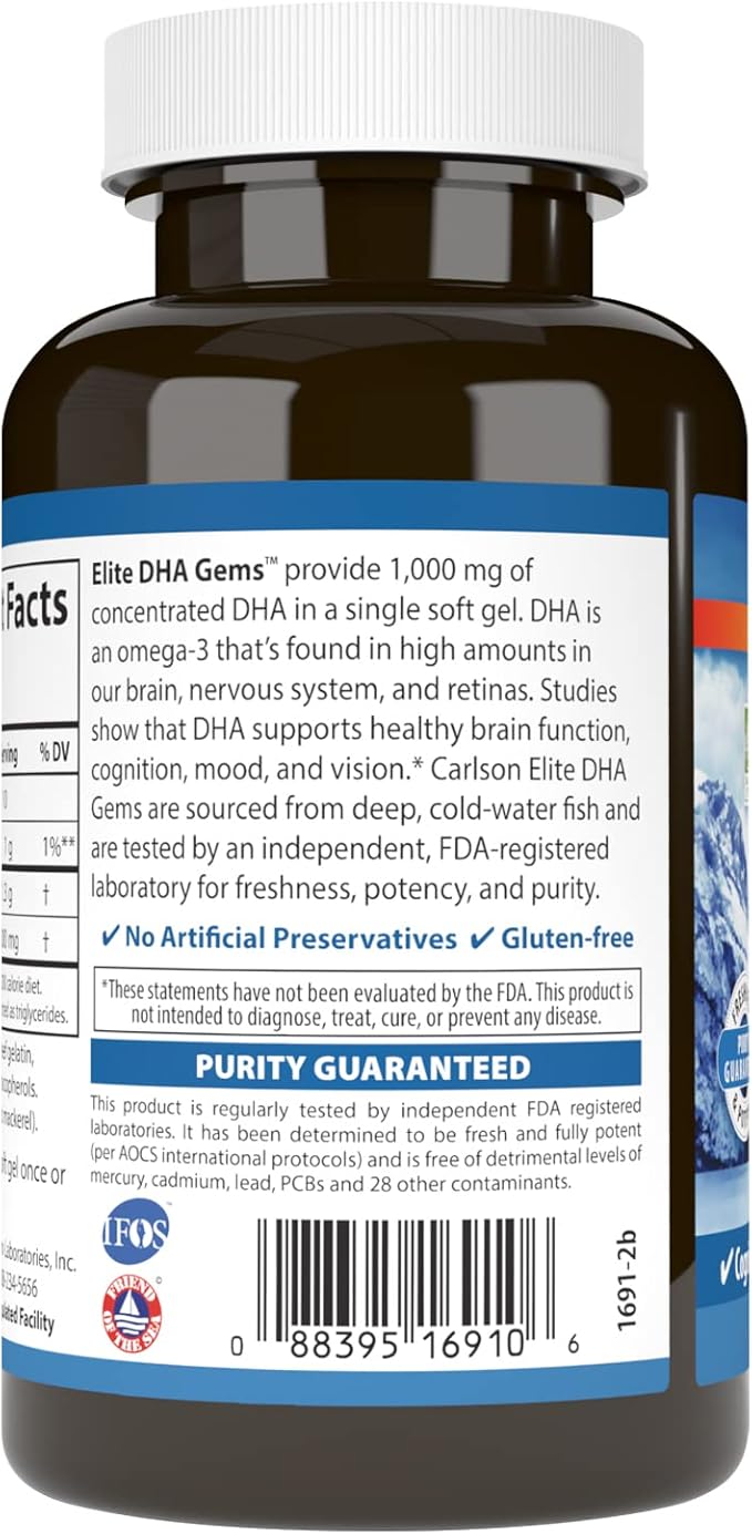 Carlson - Elite DHA Gems, 1000 mg DHA, Wild Caught, Sustainably Sourced, Brain Function & Healthy Vision, 60 Softgels