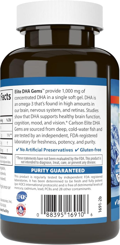 Carlson - Elite DHA Gems, 1000 mg DHA, Wild Caught, Sustainably Sourced, Brain Function & Healthy Vision, 60 Softgels