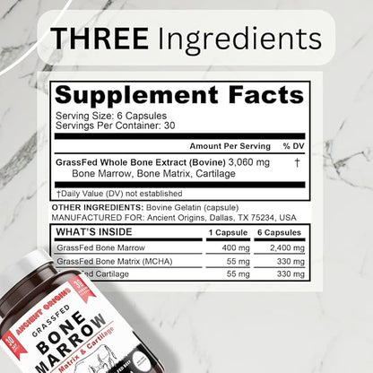Ancient Origins Grass Fed Bone Marrow Supplement, 3060mg, Skin, Oral Health, and Joint Support Supplement, Promotes Whole-Body Wellness, Non GMO Whole Bone Extract, 180 Capsules