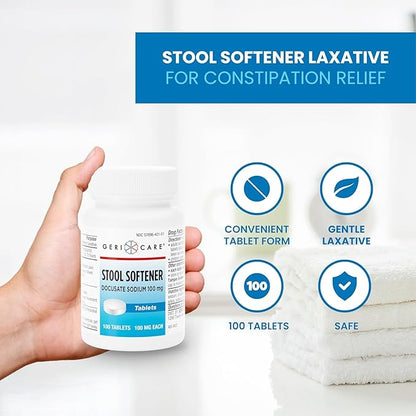 GeriCare Docusate Sodium Stool Softeners, Best Stool Softener for Daily use for Women, Men, and Elderly - Ideal for Constipation Relief 100mg Crushable Tablets. (100 Count) Made in the USA (Pack of 4)
