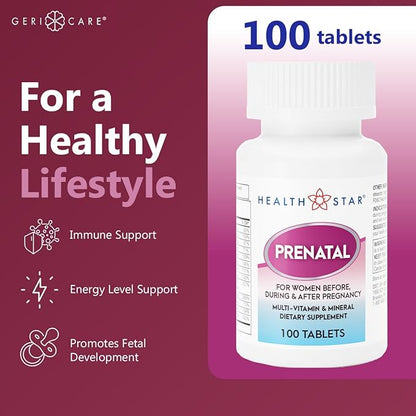 GeriCare Prenatal Multivitamin & Minerals for Healthy Mom and Baby - Folate + Vitamin C + Vitamin D + Iron + Calcium + B12, 100 Count (Pack of 2)