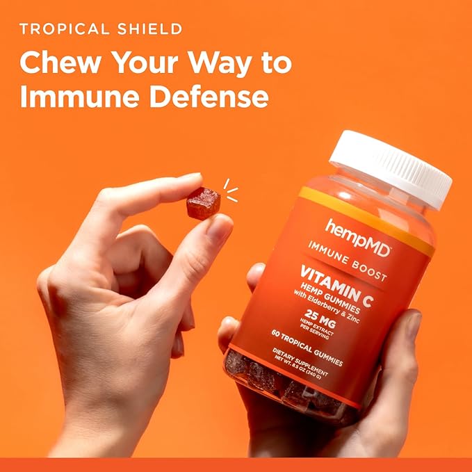 1500 mg Vitamin C Immunity Gummies - Relax and take Care of Your Immune Health. Infused with Citrus Burst Flavor with 25mg Hemp Extract, Vitamin D, E, Elderberry, Zinc 60 Ct