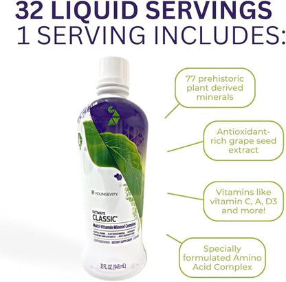 Youngevity Ultimate Classic® - Mega Multi-Vitamin & Mineral Complex - 16 Vitamins, 70+ Minerals, 12+ Amino Acids, Grape Seed, CoQ10, and More - Highly Absorbable Liquid (32 Fl Oz - Pack of 1)