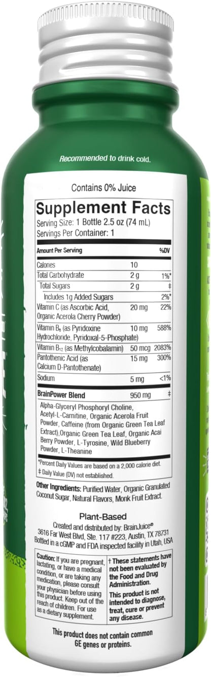 BrainJuice Brain Support Shot, Gluten Free Supplement Shots for Energy & Focus, Healthy Drinks with Alpha GPC, Vitamin B & Organic Green Tea Extract Caffeine, Classic, 2.5 fl oz, 12 Pack