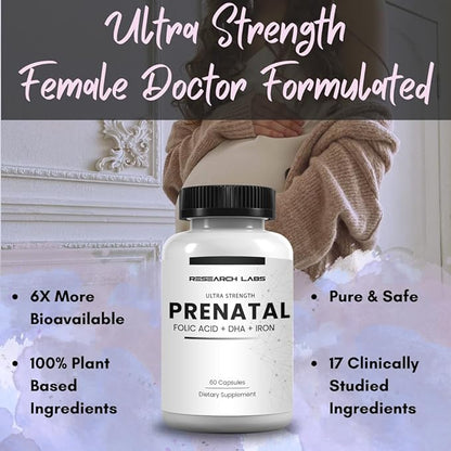Research Labs Prenatal Vitamins for Women: 6X More Bioavailable Methylated Folate Folic Acid MTHF 5 | Supports Brain Development, Healthy Growth