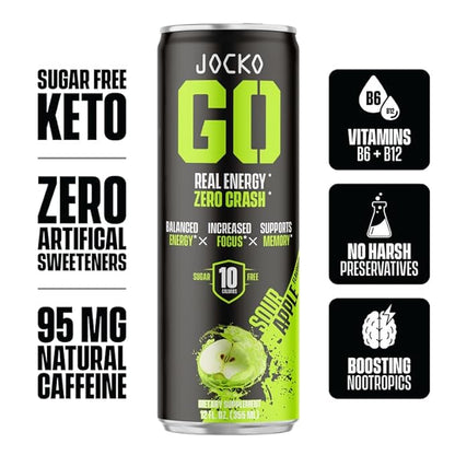 Jocko GO Energy Drink - KETO, Vitamin B12, Vitamin B6, Electrolytes, L Theanine, Magnesium- Energy Boost, Sugar Free Nootropic Monk Fruit Blend - 12 Pack (Sour Apple)