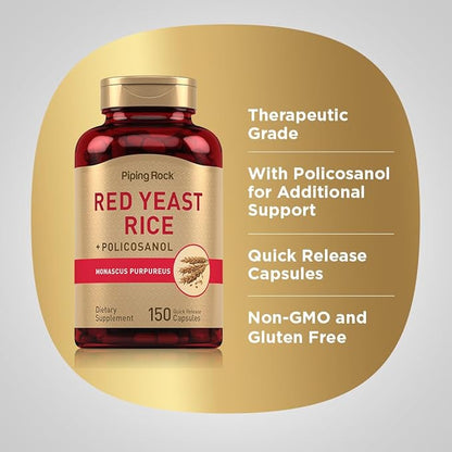Piping Rock Red Yeast Rice 600 mg | 150 Capsules | with Policosanol | Non-GMO, Gluten Free Supplement