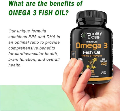 Omega 3 Fish Oil – Lemon-Flavored Softgels with EPA & DHA for Brain, Heart, and Wellness Support – Easy-to-Digest, No Fish Burps – 120 Softgels, Pack of 2
