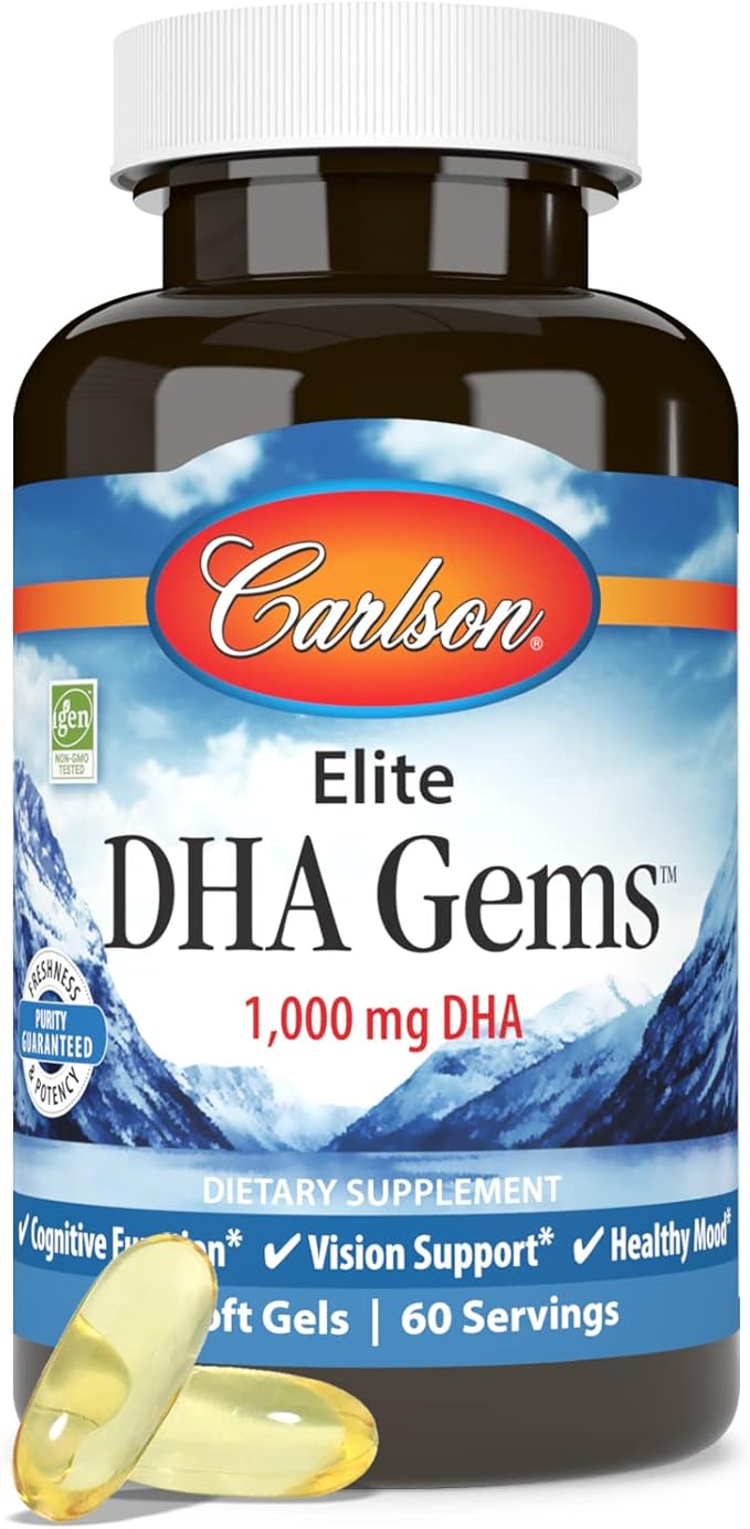 Carlson - Elite DHA Gems, 1000 mg DHA, Wild Caught, Sustainably Sourced, Brain Function & Healthy Vision, 60 Softgels