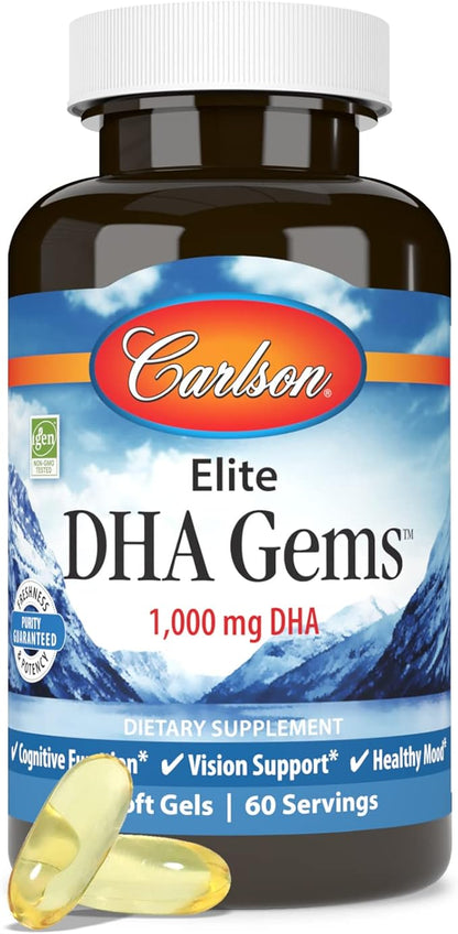 Carlson - Elite DHA Gems, 1000 mg DHA, Wild Caught, Sustainably Sourced, Brain Function & Healthy Vision, 60 Softgels