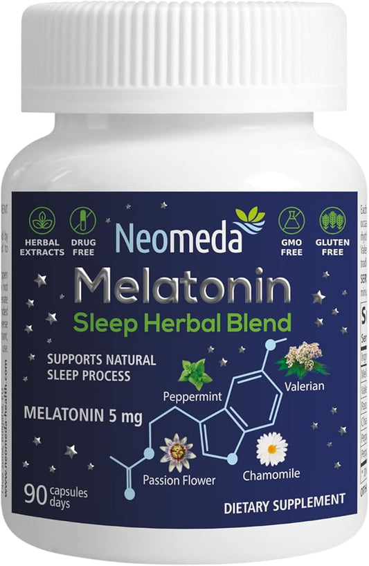 Melatonin Sleep Herbal Blend - Natural Sleep Aid for Adults with 5mg Melatonin & Sleep-Promoting Herbs - Drug-Free, Non-Habit Forming Sleep Supplement, 90 Capsules, 90-Day Supply