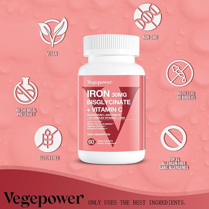 Iron Bisglycinate Supplement for Women & Men - 30mg Iron Pills with Vitamin C, B12, Folic Acid - Chelated Iron for Anemia, Health Blood - High Absorption, Gluten-Free, Non-GMO - 60 Vegan Caps