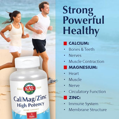 KAL Cal/Mag/Zinc | 1000mg Calcium, 400mg Magnesium & 15mg Zinc | Bone, Muscle, Heart & Immune Support | 250ct, 83 Serv.