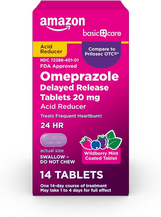 Amazon Basic Care Omeprazole Delayed Release Tablets 20 mg, Acid Reducer, Wildberry Mint Coated Tablet, 14 Count