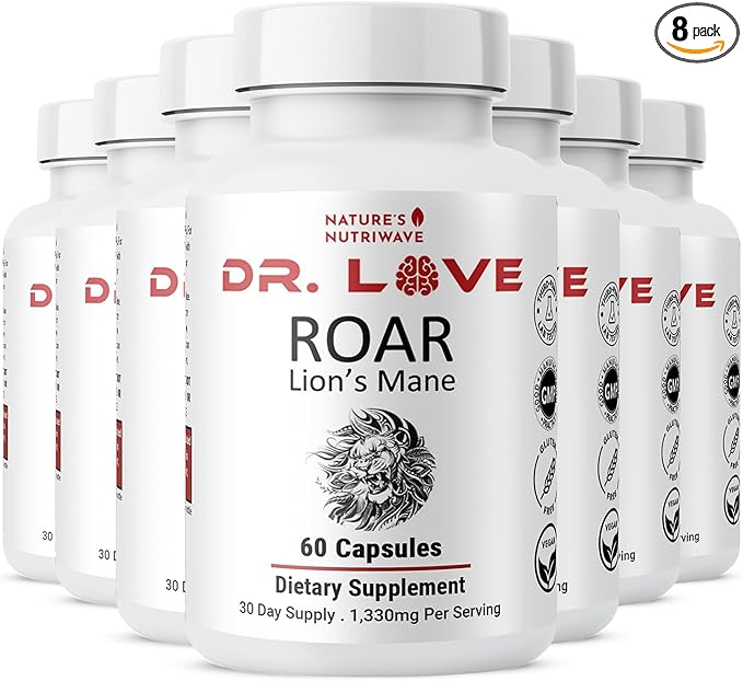 Dr. Love Roar Lion’s Mane Mushroom Supplement – Plant-Based Formula with Cordyceps, Reishi & Shiitake – Vegan, Gluten-Free, GMP Certified, Made in USA – 60 Capsules, 8 Month Supply