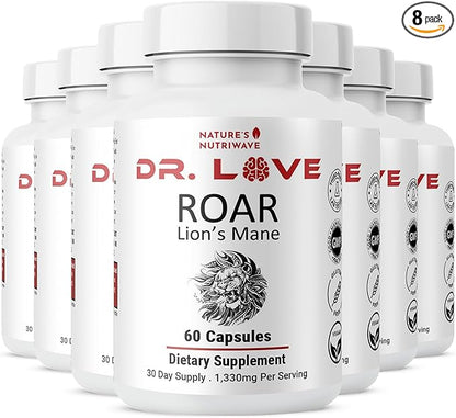Dr. Love Roar Lion’s Mane Mushroom Supplement – Plant-Based Formula with Cordyceps, Reishi & Shiitake – Vegan, Gluten-Free, GMP Certified, Made in USA – 60 Capsules, 8 Month Supply