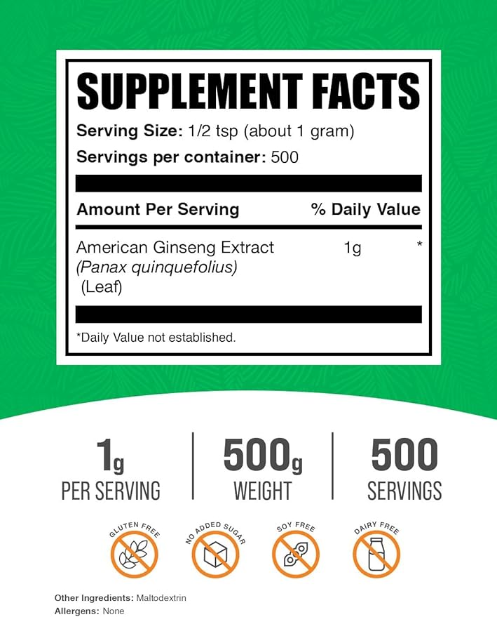 BulkSupplements.com American Ginseng Extract Powder - Ginseng Supplement, Herbal Supplements - Gluten Free, 1g per Serving, 500g (1.1 lbs) (Pack of 1)