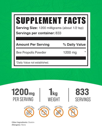 BulkSupplements.com Bee Propolis Powder - Bee Propolis Supplement, Superfood Supplement - Natural & Gluten Free, 1.2g per Serving, 1kg (2.2 lbs) (Pack of 1)