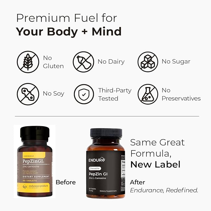 Zinc - PepZinGI 75mg for Immune Function & Digestive Health Support | Zinc Carnosine Supplement | Chewable Zinc Tablets for Adults | Vegan, Non-GMO, Gluten Free - Endurance 60 Chewable Tablets
